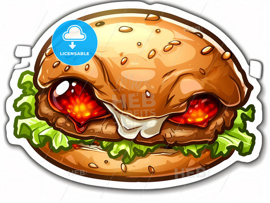 Symmetrical burger cartoon sticker with vivid colors and minimalist geometry, focusing on the art aspect