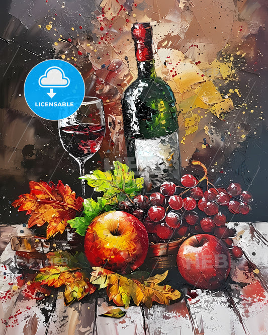 Modern acrylic painting on canvas still life in colourful abstract style by contemporary artist featuring wine bottle and fruit