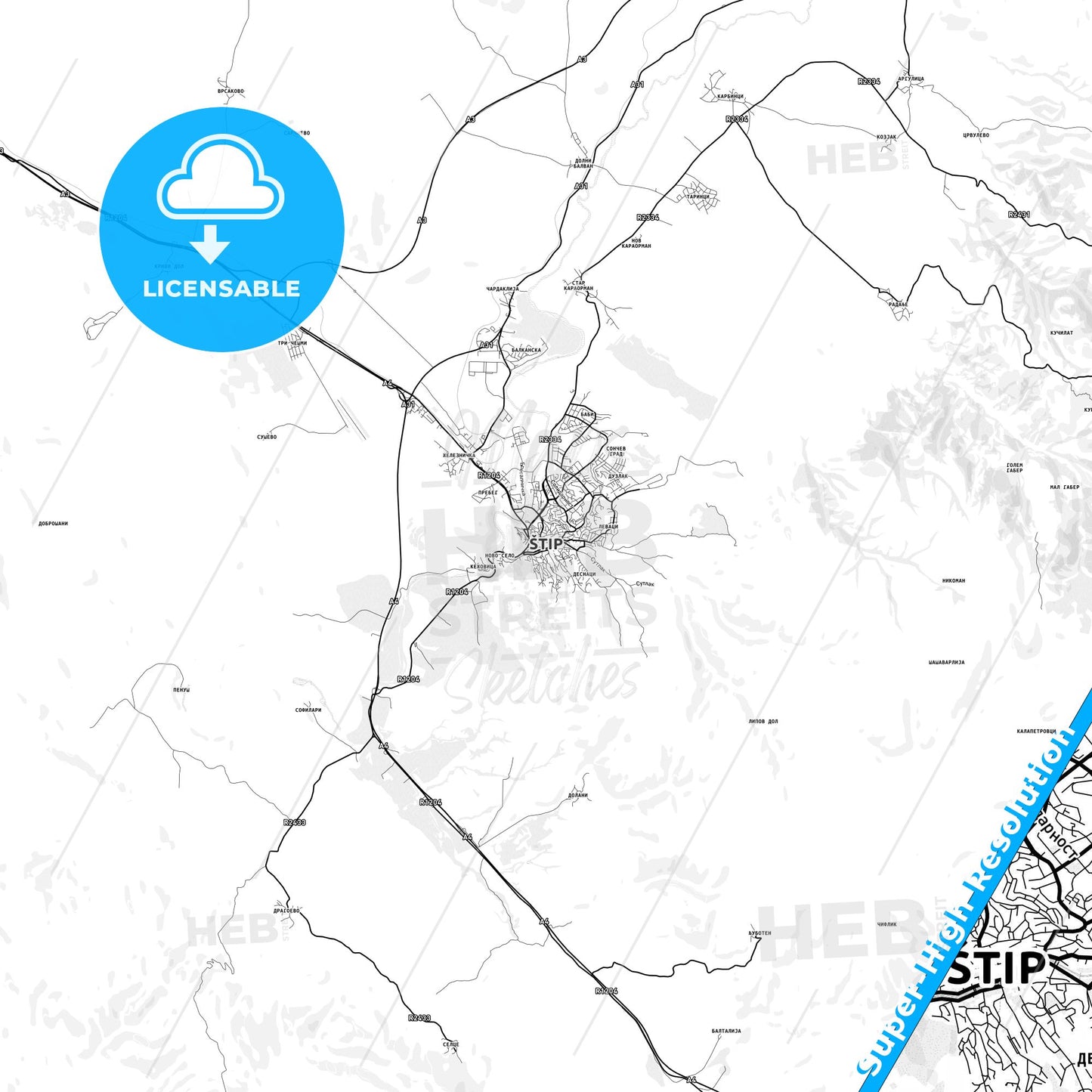 Štip, North Macedonia light map with streetnames, citynames and districts