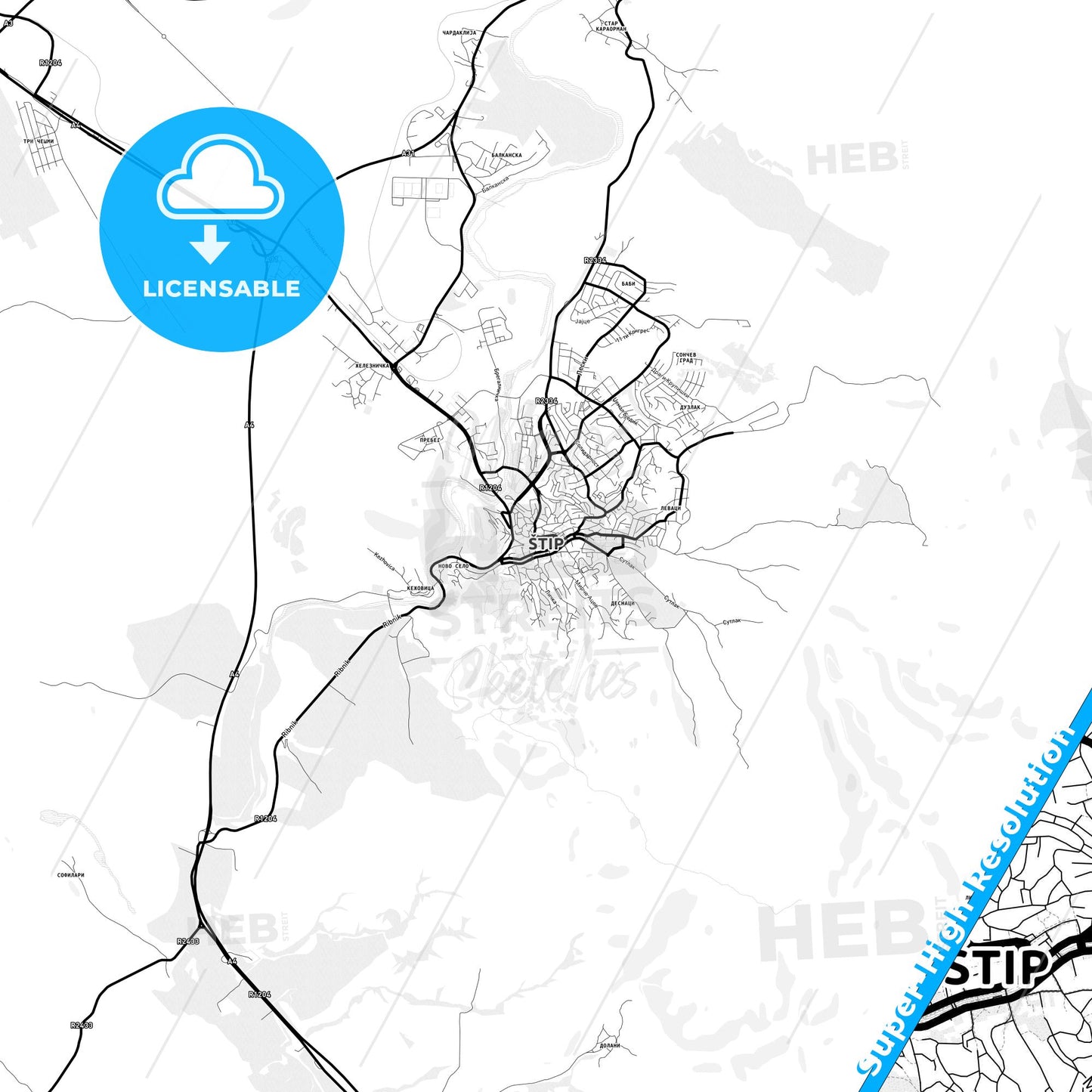Štip, North Macedonia Light Map with Street Names, City Names, and Districts