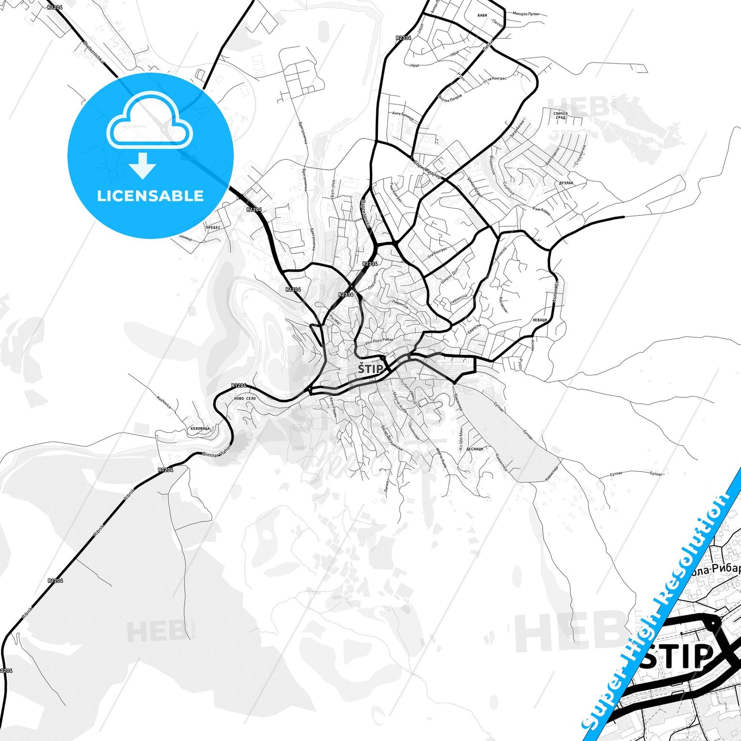 Štip, North Macedonia Light Map with Street Names, City Names, and Districts