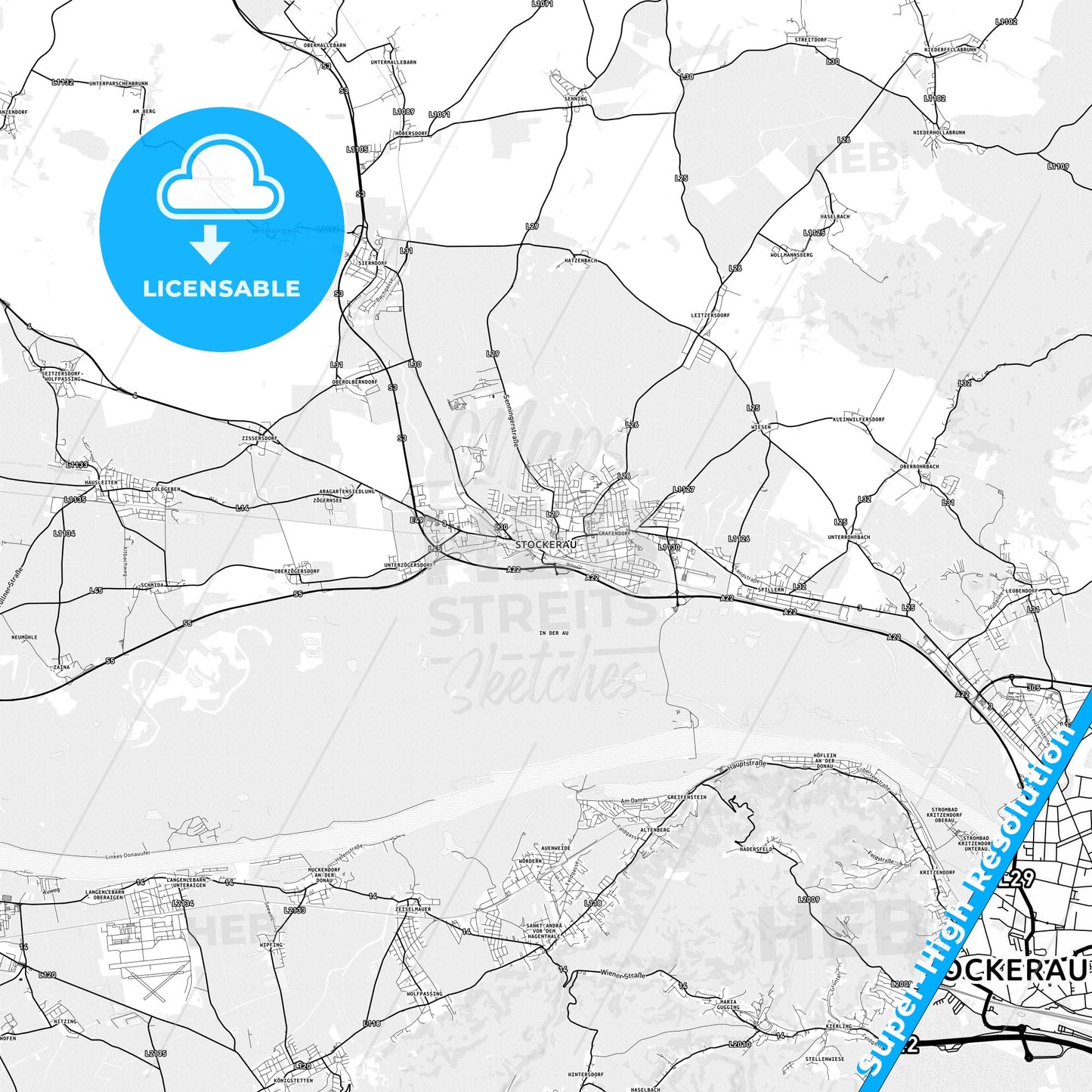 Stockerau, Austria light map with streetnames, citynames and districts