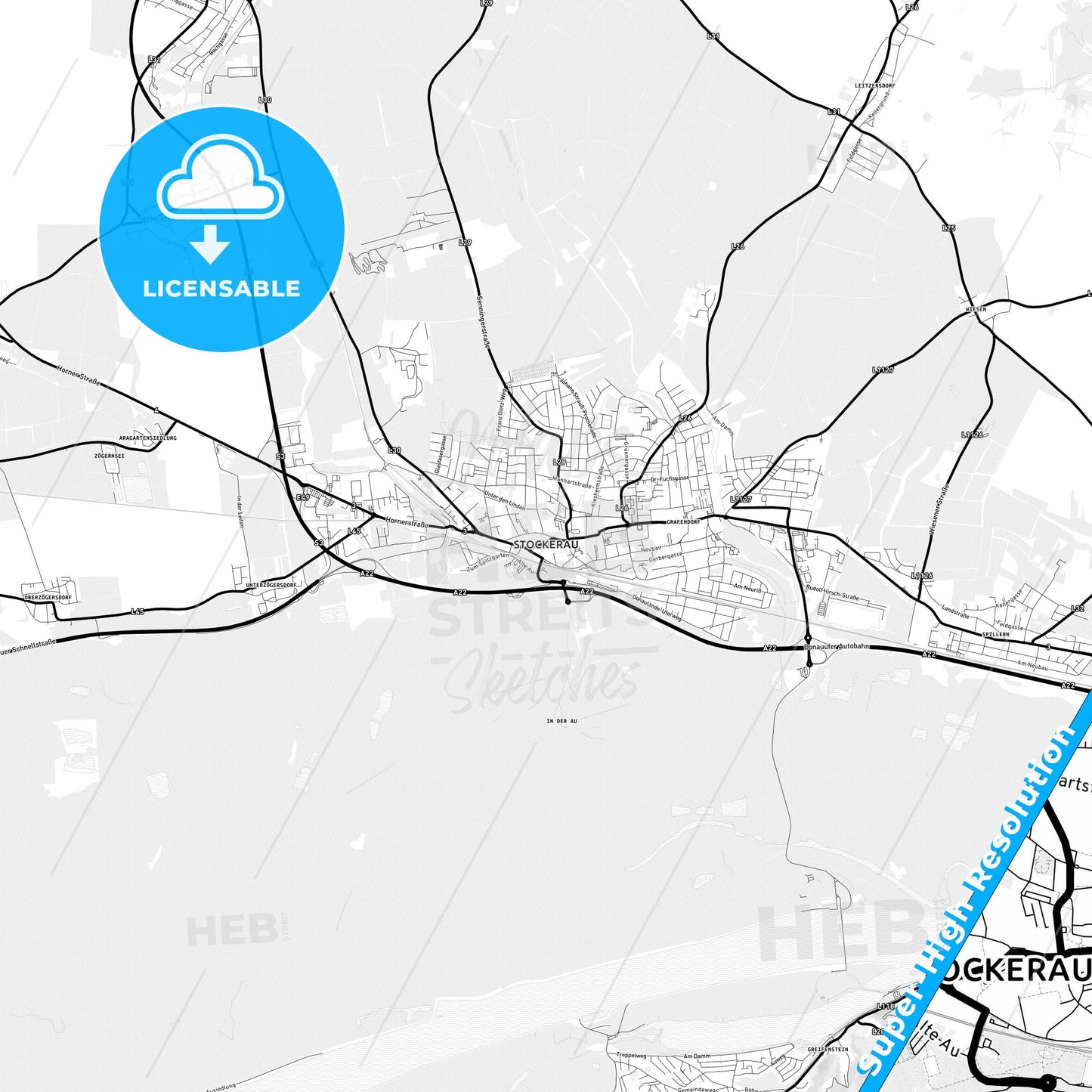 Stockerau, Austria Light Map with Street Names, City Names, and Districts