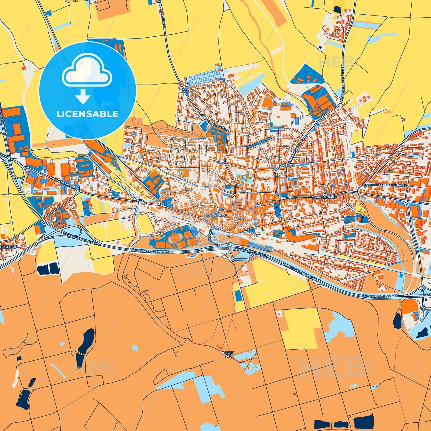 Colorful Stockerau Street Map with Labels and Buildings