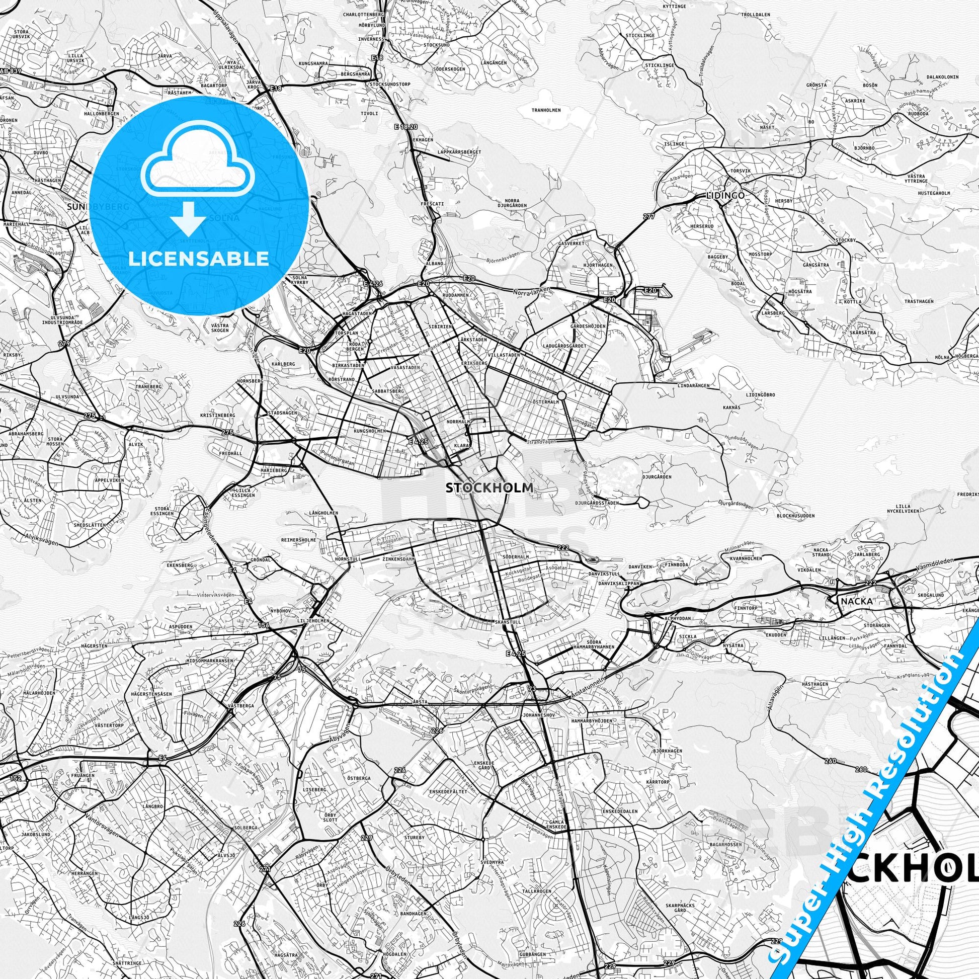 Stockholm, Sweden light map with streetnames, citynames and districts