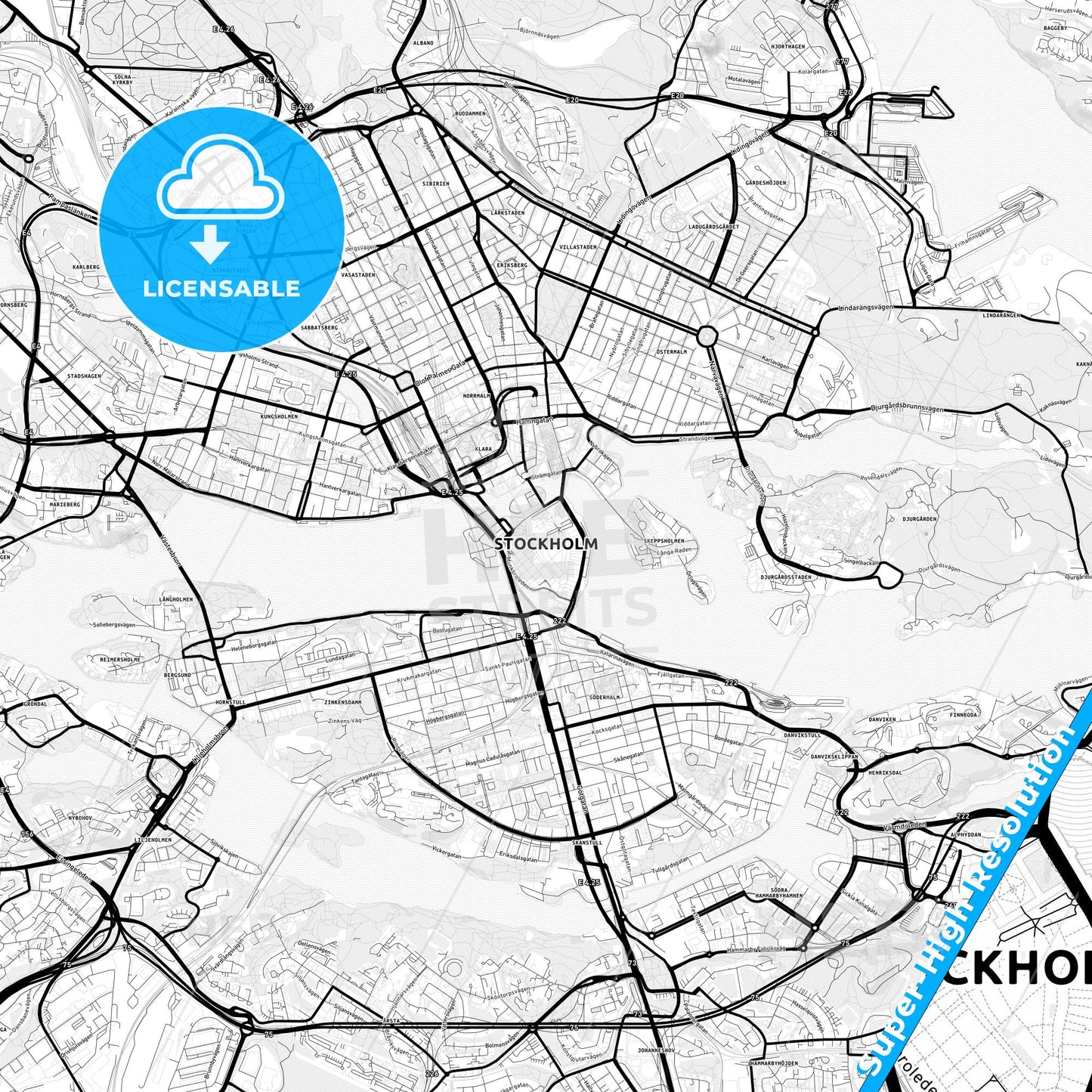 Stockholm, Sweden Light Map with Street Names, City Names, and Districts