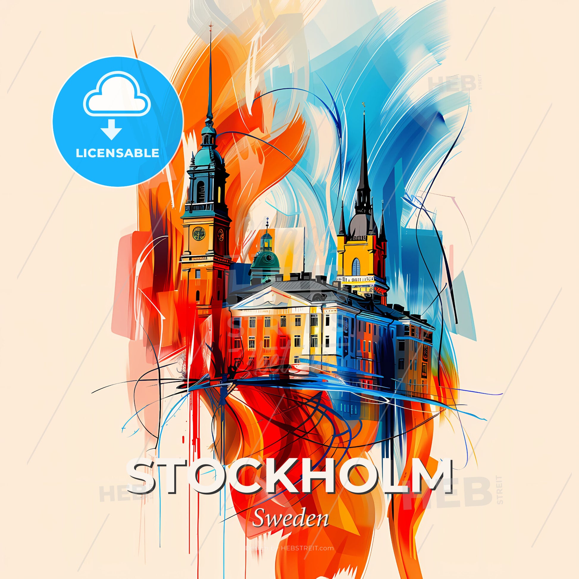 Vibrant Stockholm, Sweden - A Painting Of A Building With Towers And A Clock Tower - Square format print template