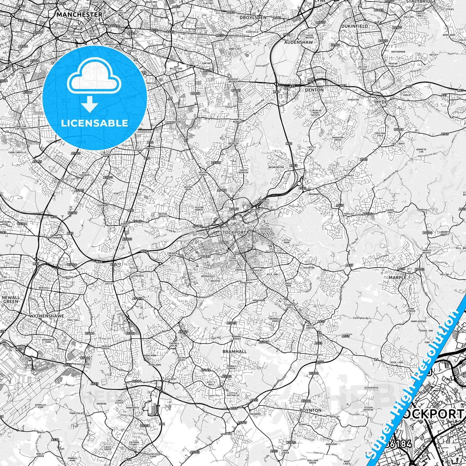 Stockport, England light map with streetnames, citynames and districts