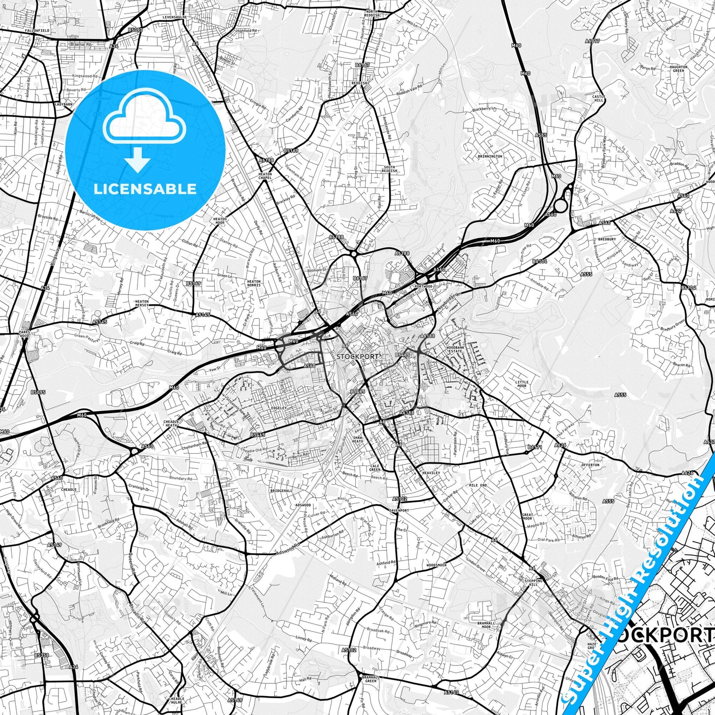 Stockport, England Light Map with Street Names, City Names, and Districts