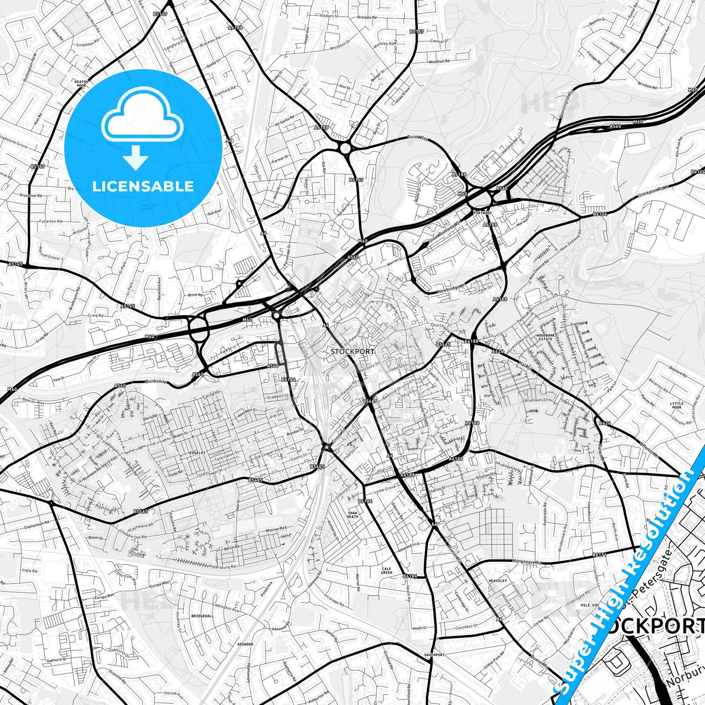 Stockport, England Light Map with Street Names, City Names, and Districts