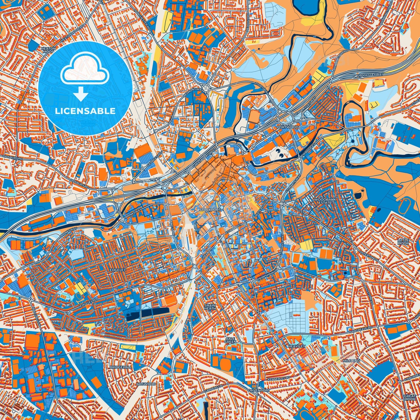 Colorful Stockport Street Map with Labels and Buildings