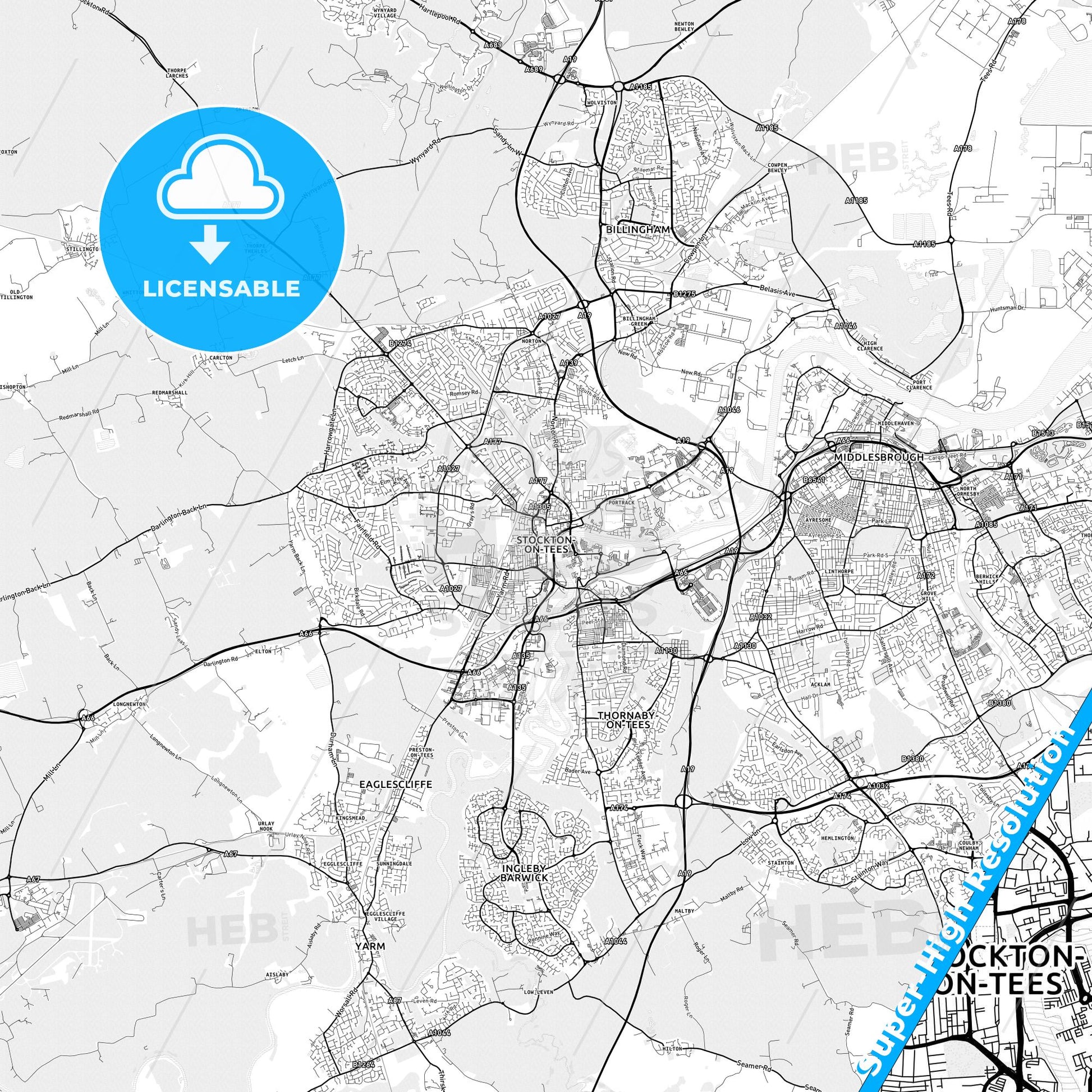 Stockton-on-Tees, England light map with streetnames, citynames and districts