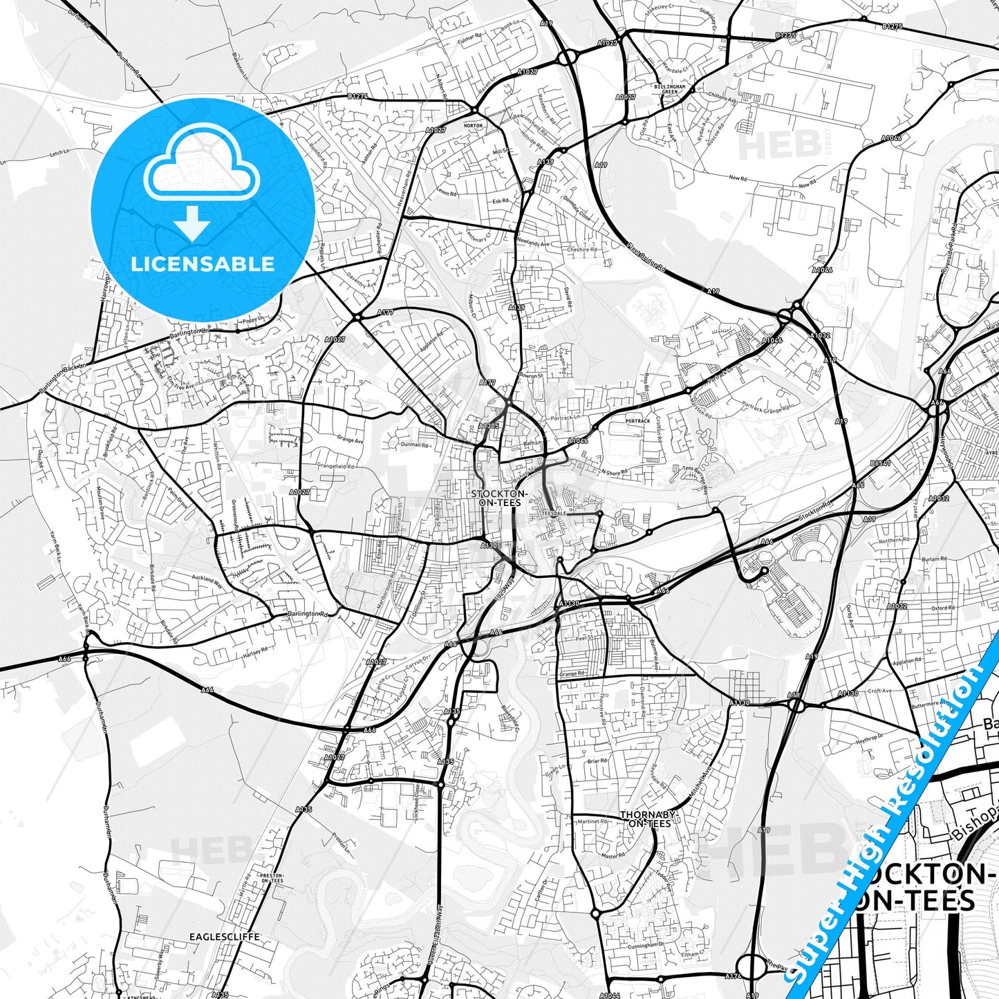 Stockton-on-Tees, England Light Map with Street Names, City Names, and Districts