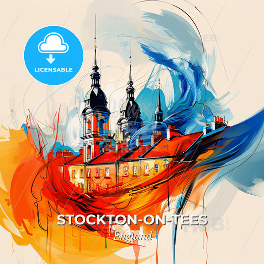 Vibrant Stockton-On-Tees, England - A Painting Of A Building With A Colorful Background - Square format print template
