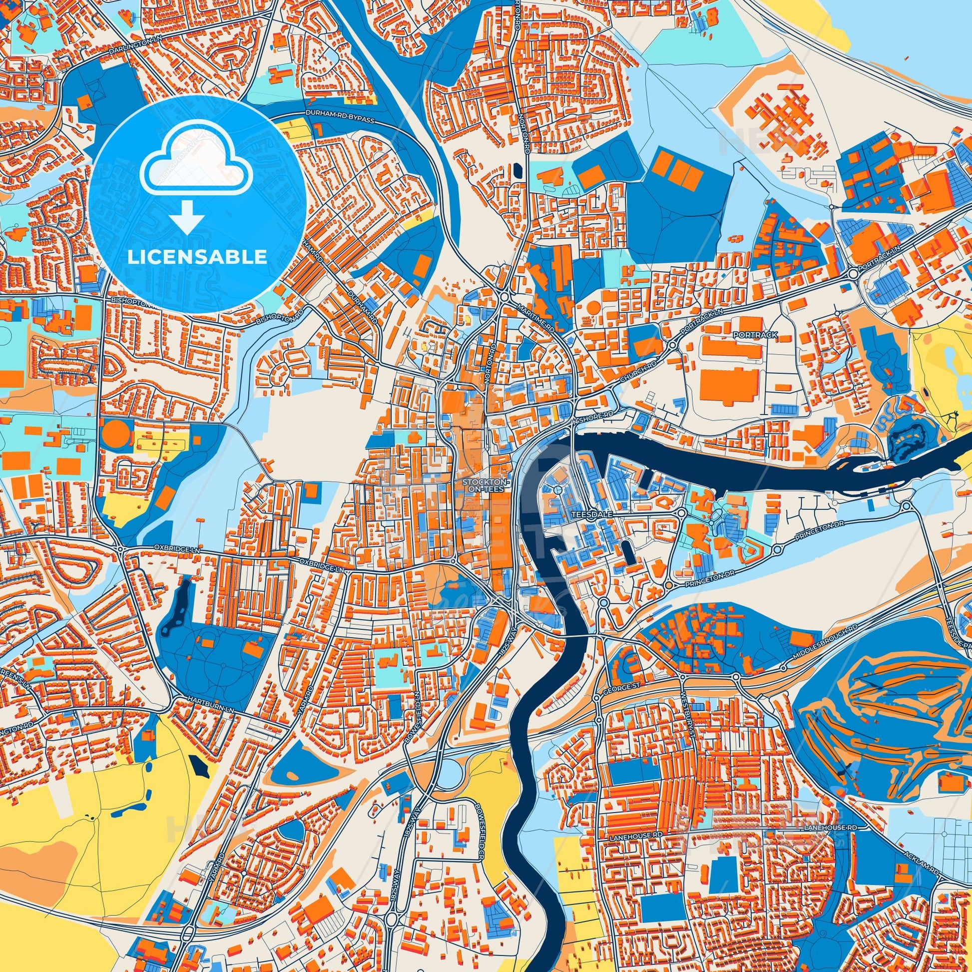 Colorful Stockton-on-Tees Street Map with Labels and Buildings