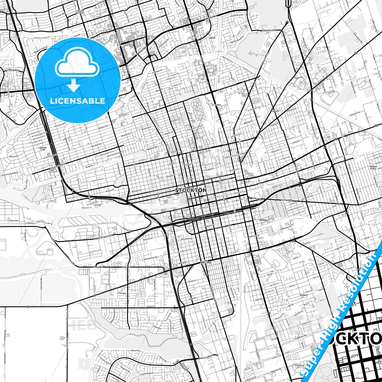 Stockton, California Light Map with Street Names, City Names, and Districts