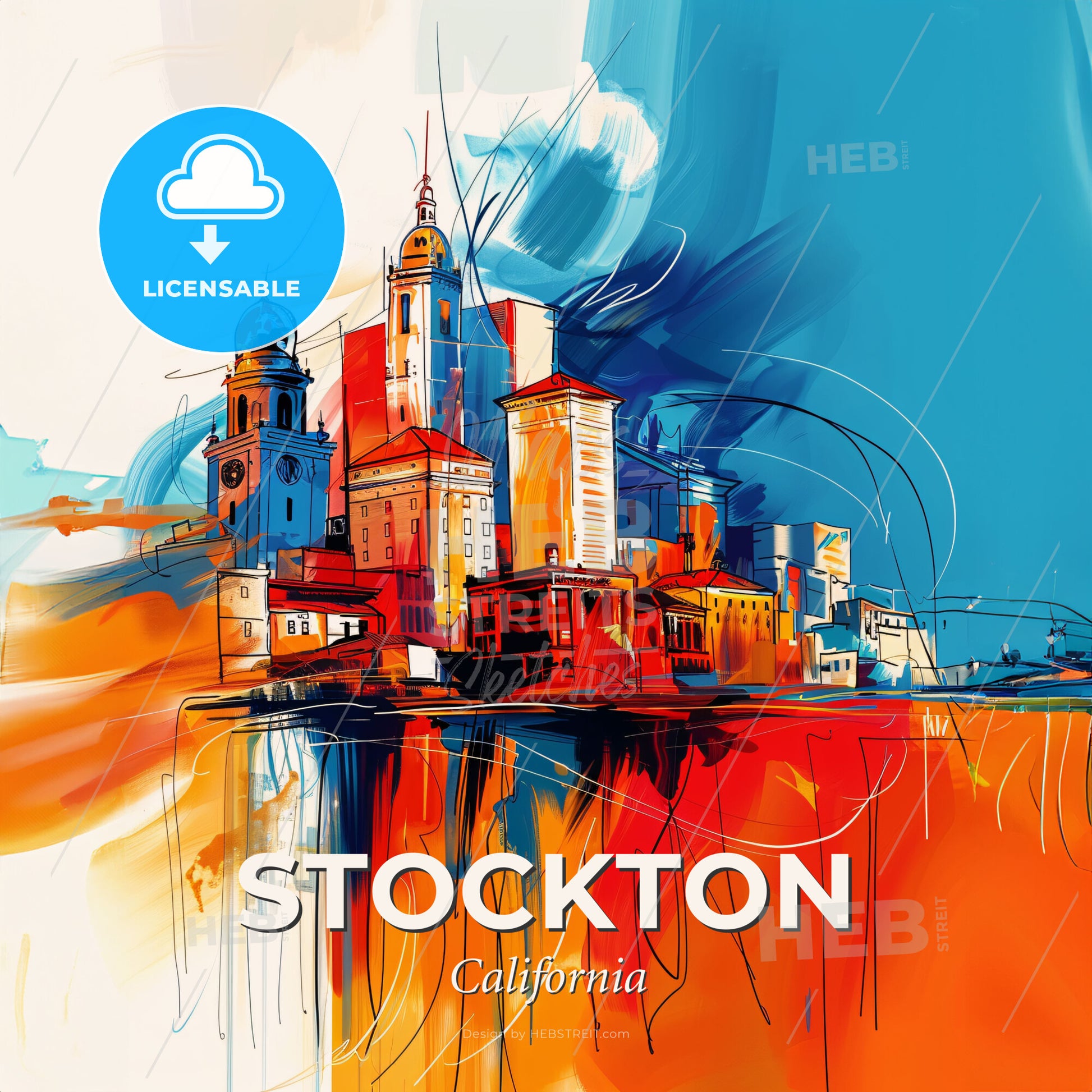 Vibrant Stockton, California - A Painting Of A City - Square format print template