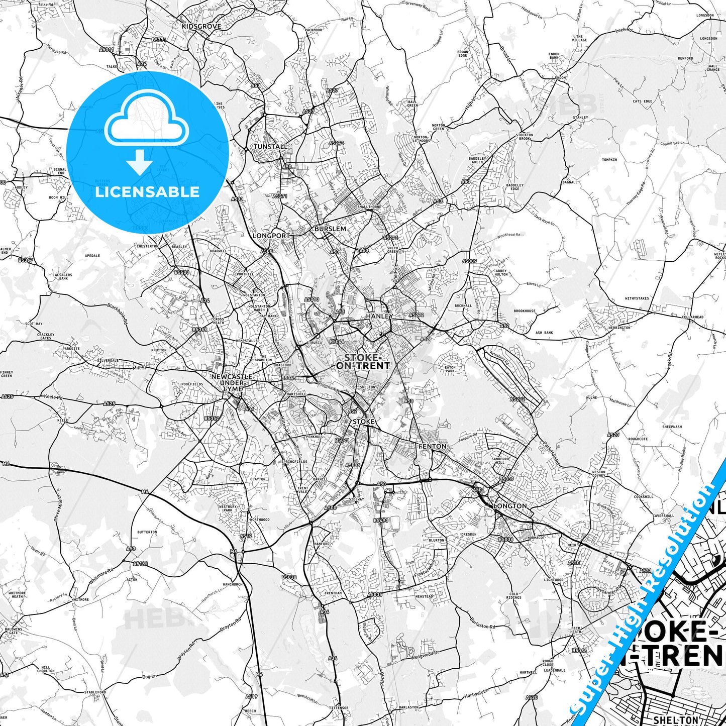 Stoke-on-Trent, England light map with streetnames, citynames and districts