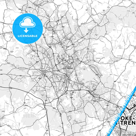 Stoke-on-Trent, England light map with streetnames, citynames and districts