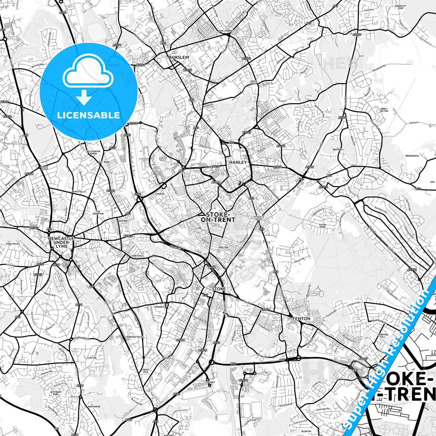 Stoke-on-Trent, England Light Map with Street Names, City Names, and Districts