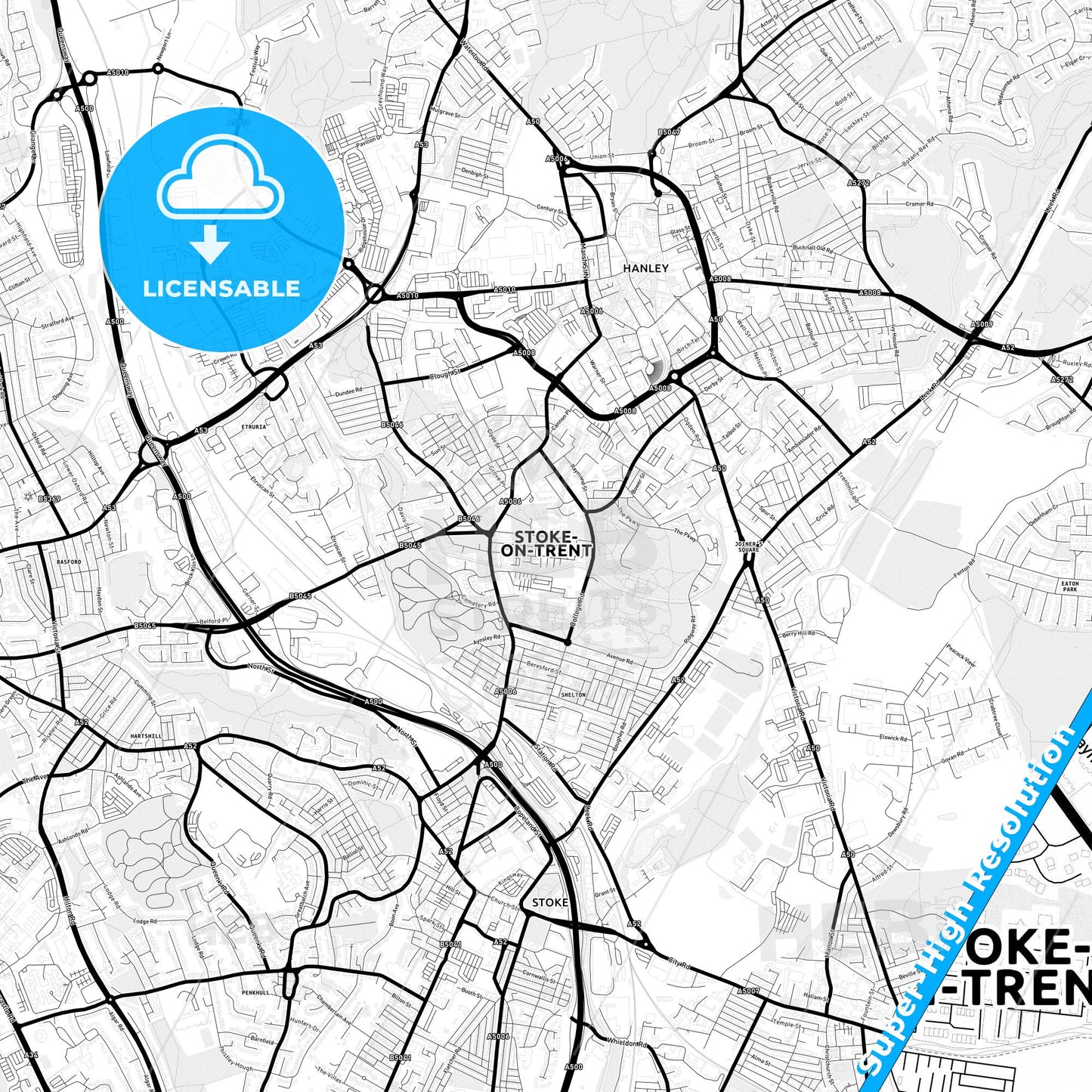 Stoke-on-Trent, England Light Map with Street Names, City Names, and Districts