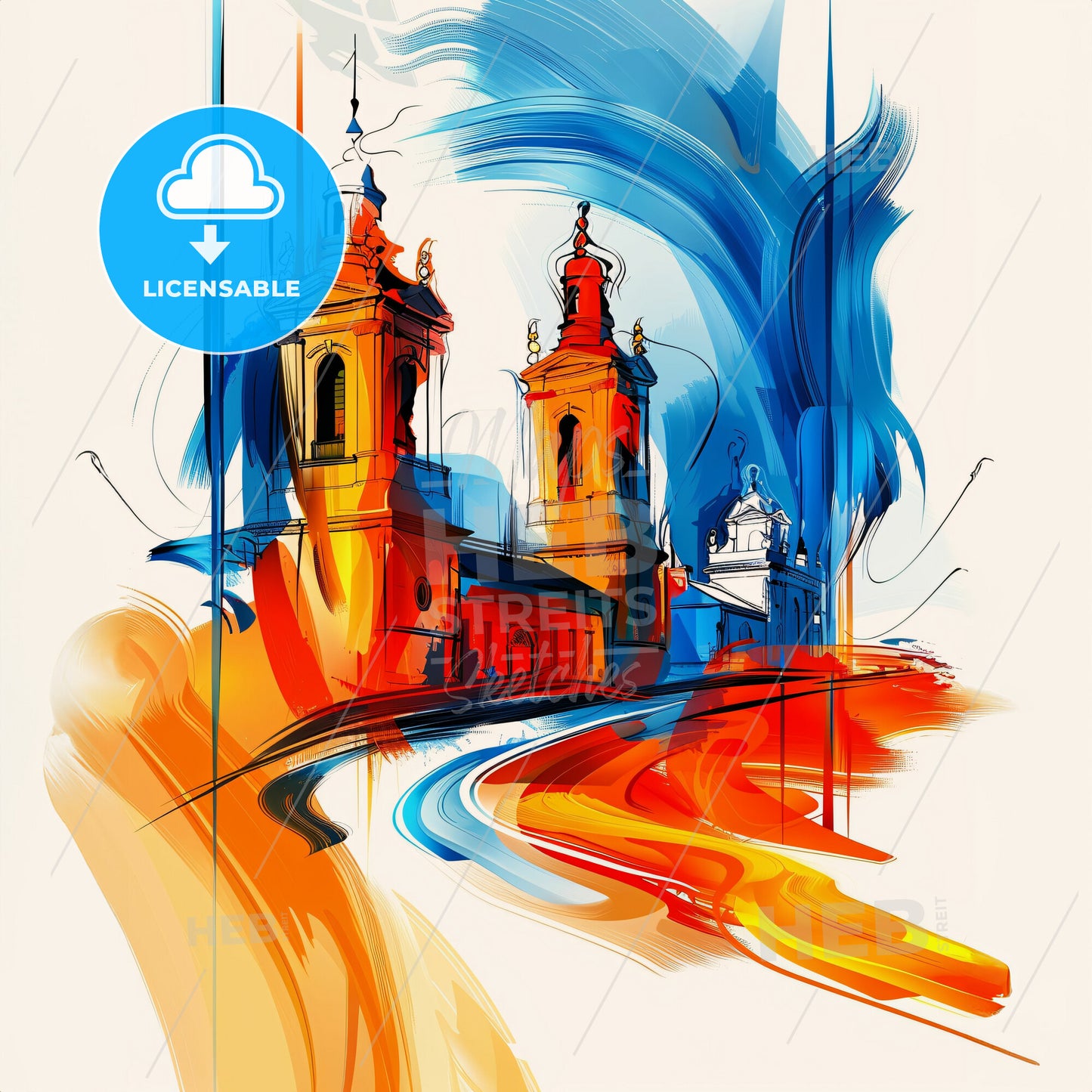 Vibrant Stoke-On-Trent, England - A Painting Of A Building With Towers And A Blue And Orange Swirl