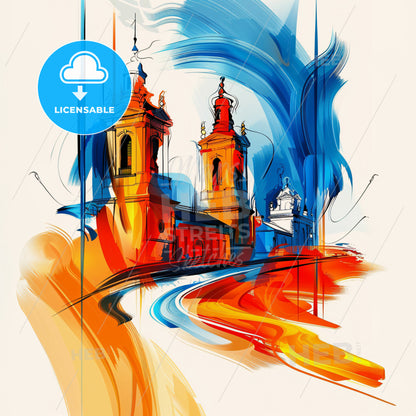 Vibrant Stoke-On-Trent, England - A Painting Of A Building With Towers And A Blue And Orange Swirl