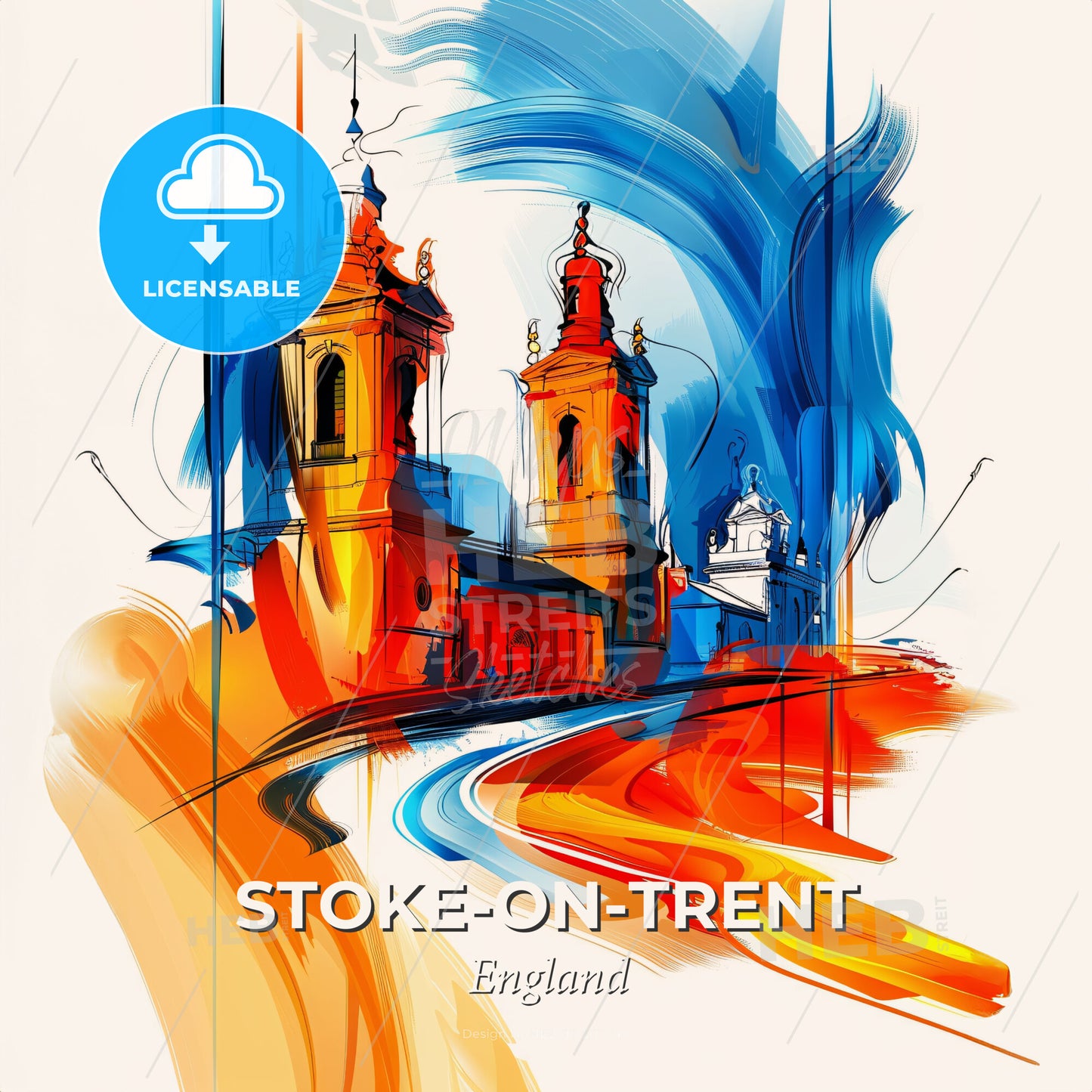 Vibrant Stoke-On-Trent, England - A Painting Of A Building With Towers And A Blue And Orange Swirl - Square format print template
