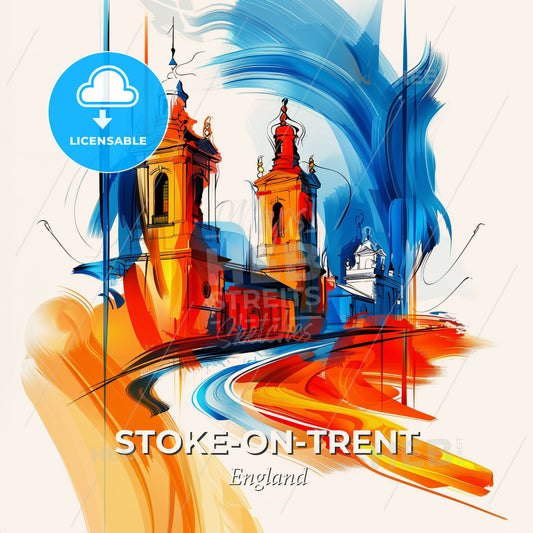 Vibrant Stoke-On-Trent, England - A Painting Of A Building With Towers And A Blue And Orange Swirl - Square format print template