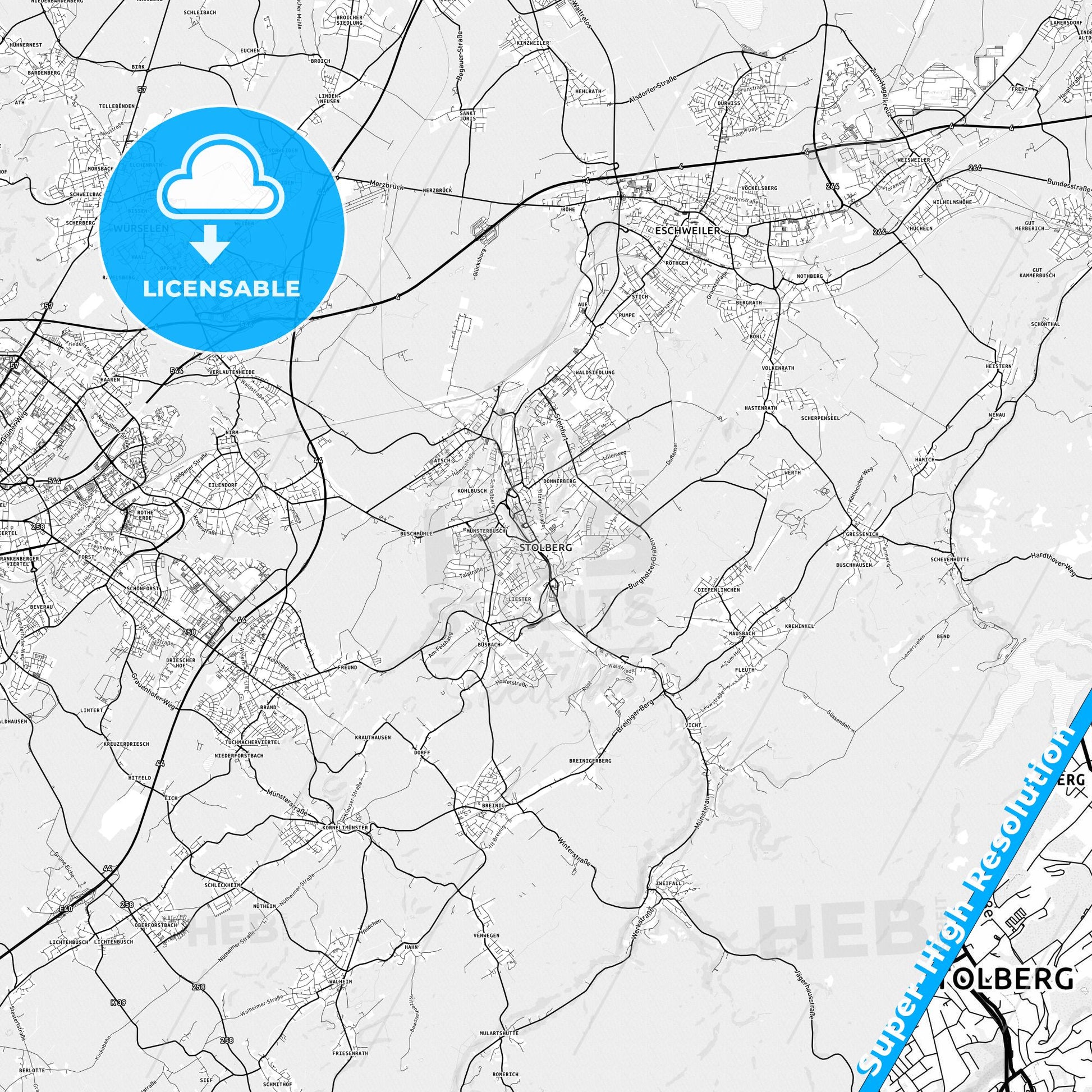 Stolberg (Rheinland), Germany light map with streetnames, citynames and districts
