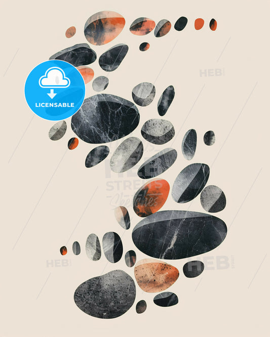 Stone Path Minimalist Art Print - A group of black and orange pebbles