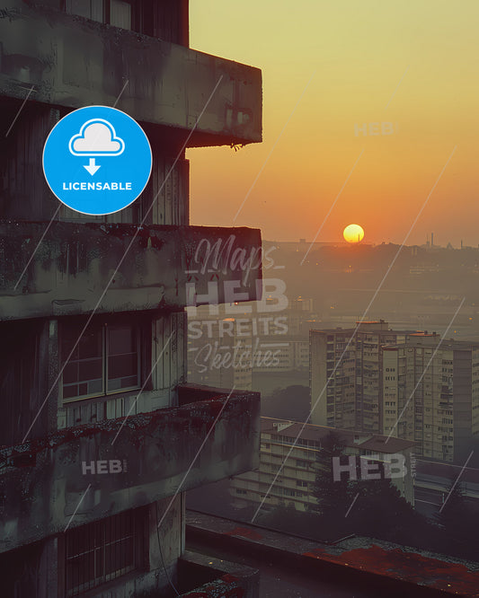 Minimalist Sunset over City Balconies Painting by Pierre Pellegrini, Vibrant Art Scene