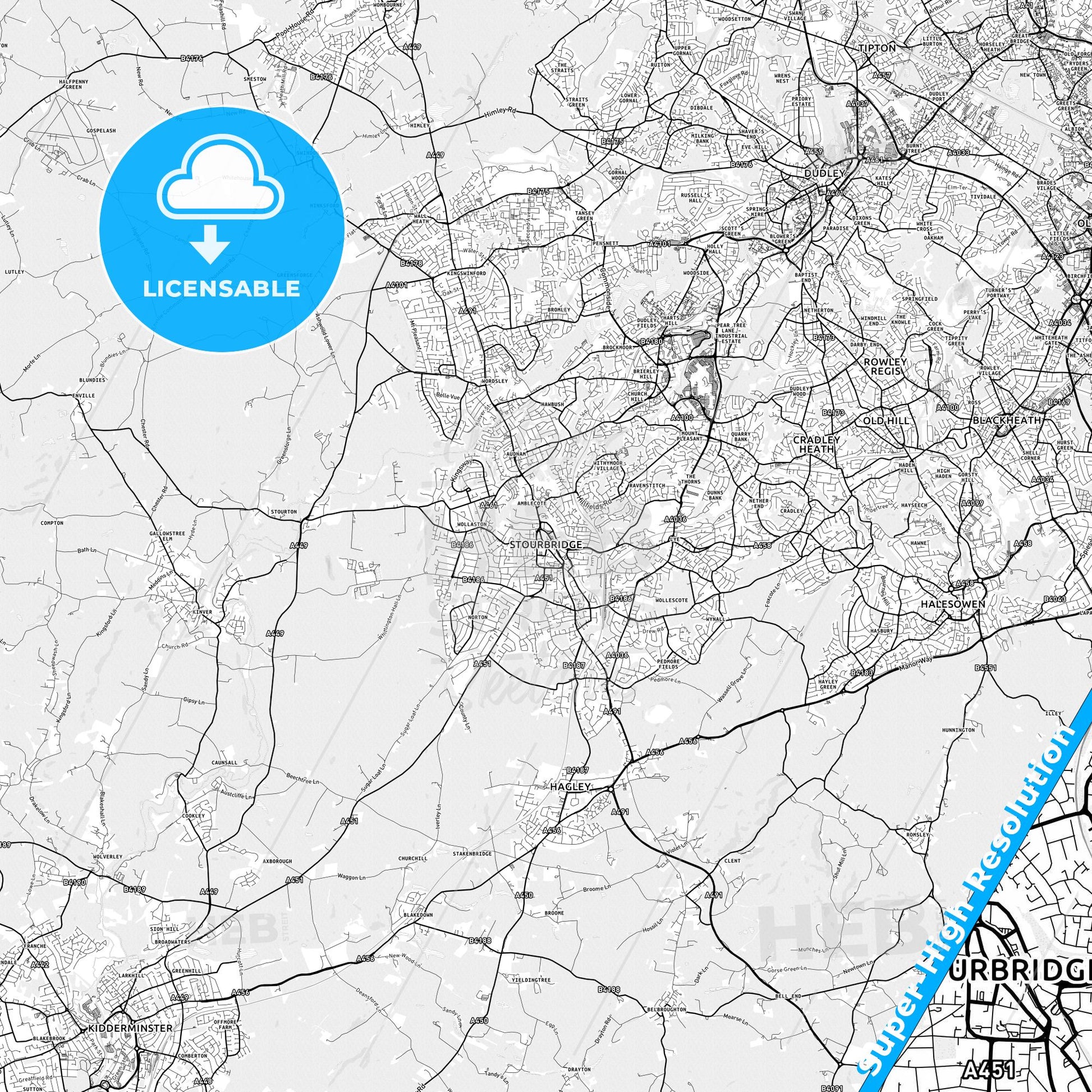 Stourbridge, England light map with streetnames, citynames and districts