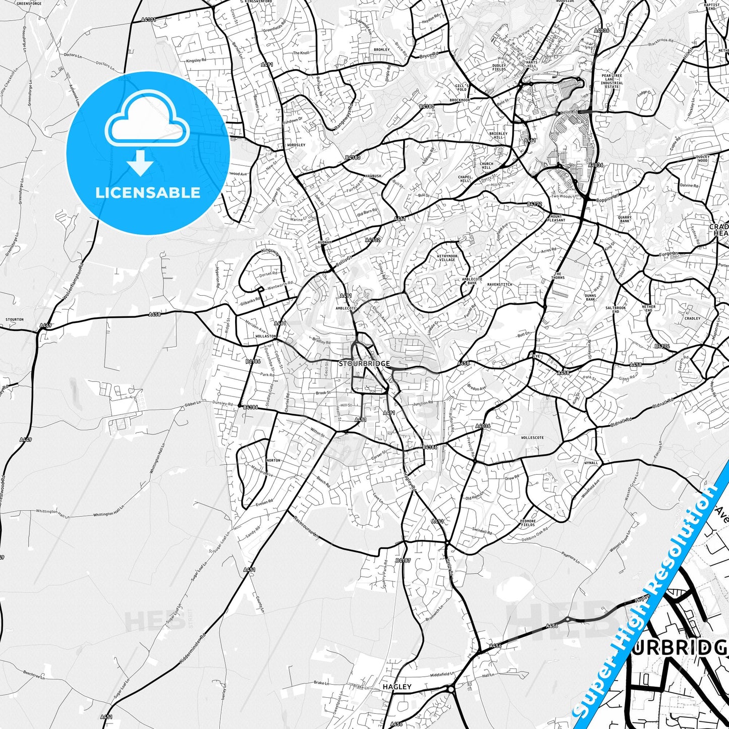 Stourbridge, England Light Map with Street Names, City Names, and Districts