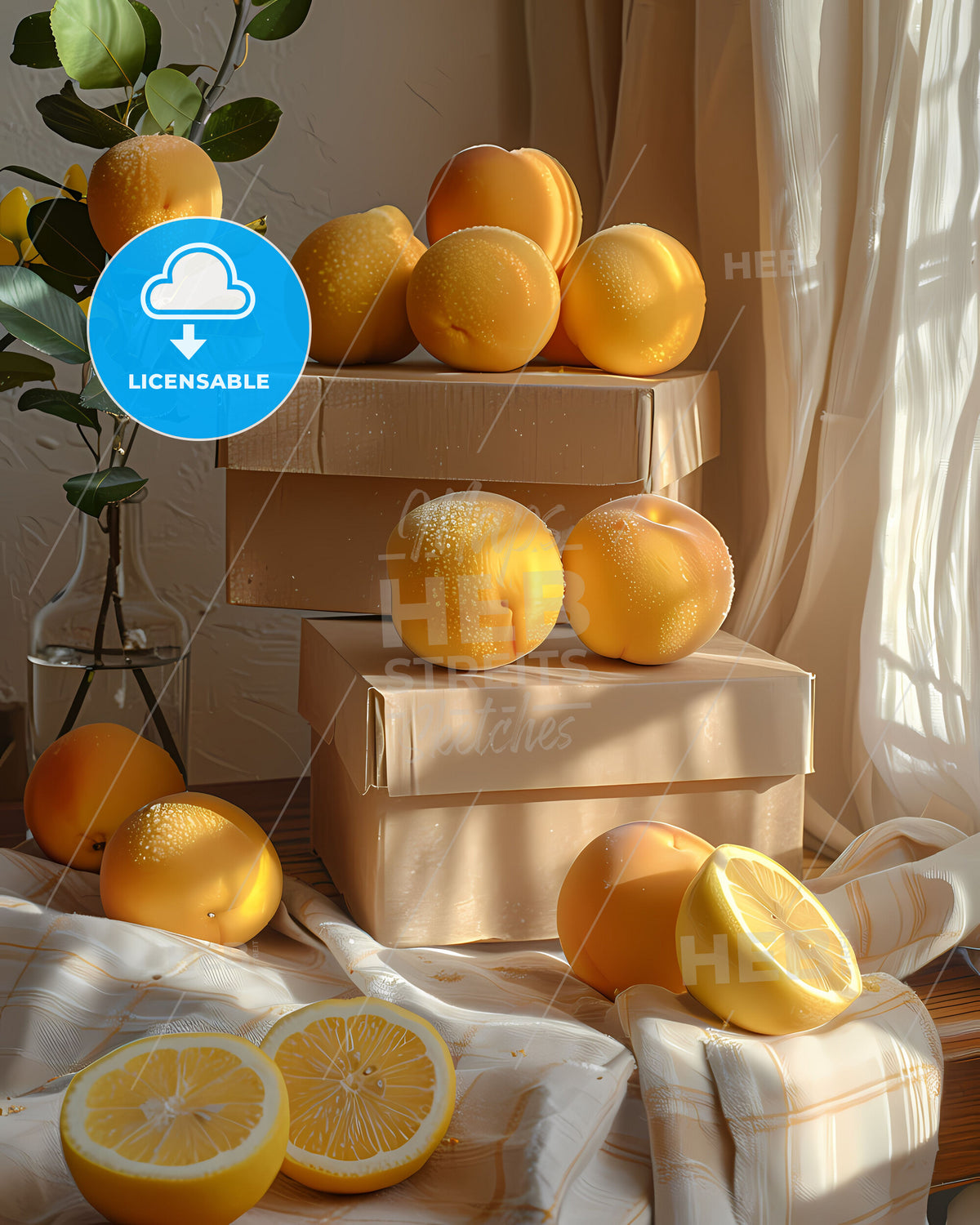 Minimalist commercial photography of vibrant, angled boxes with peaches and sliced lemon