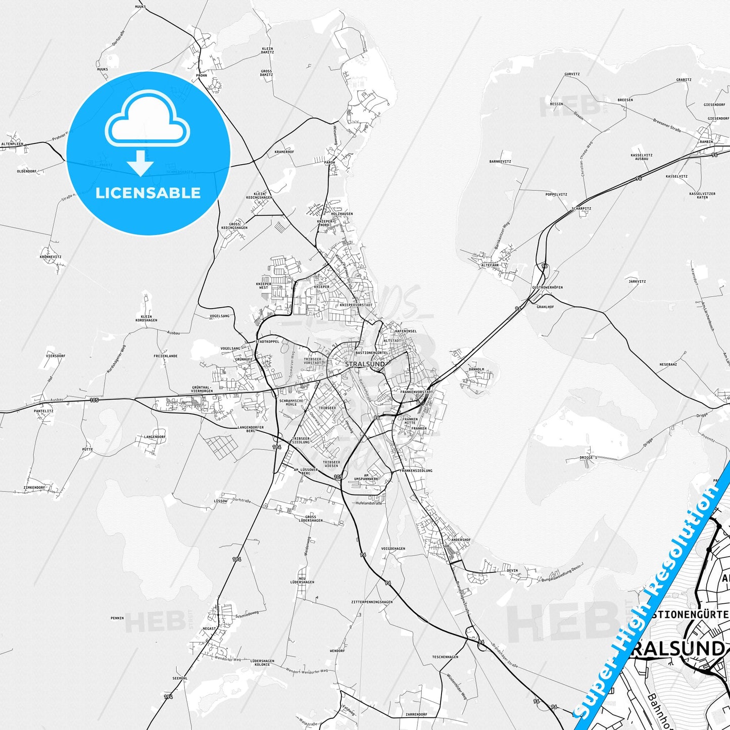 Stralsund, Germany light map with streetnames, citynames and districts