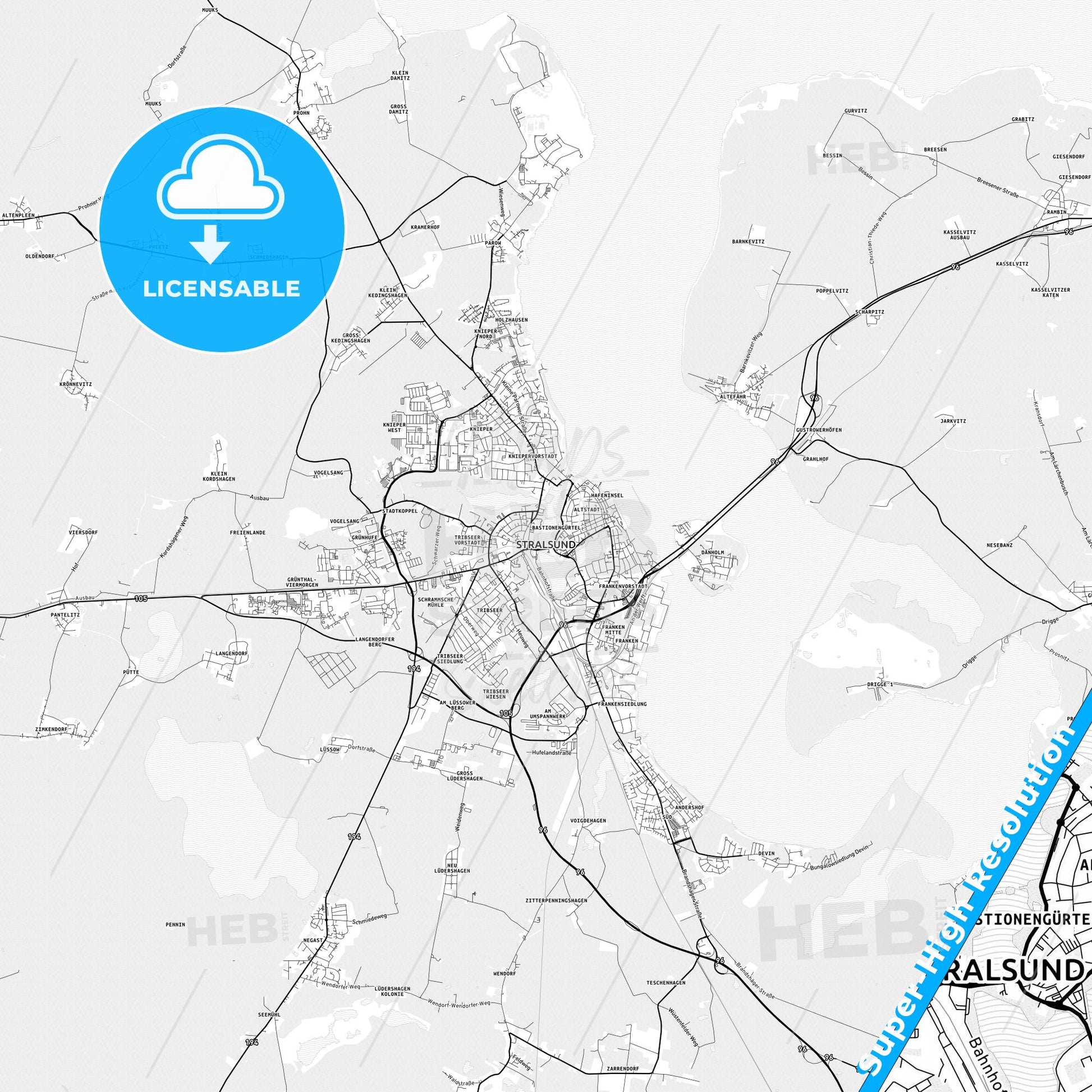 Stralsund, Germany light map with streetnames, citynames and districts