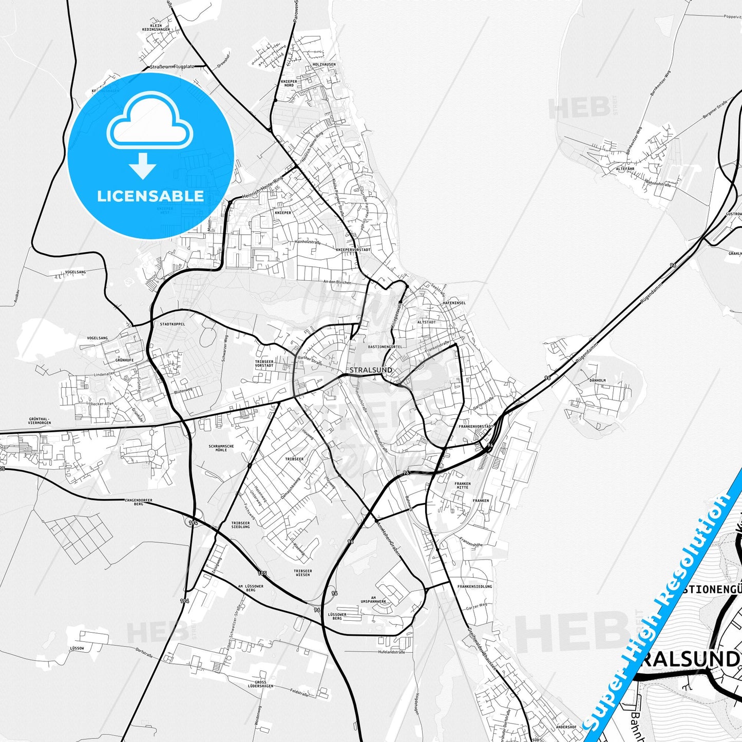 Stralsund, Germany Light Map with Street Names, City Names, and Districts