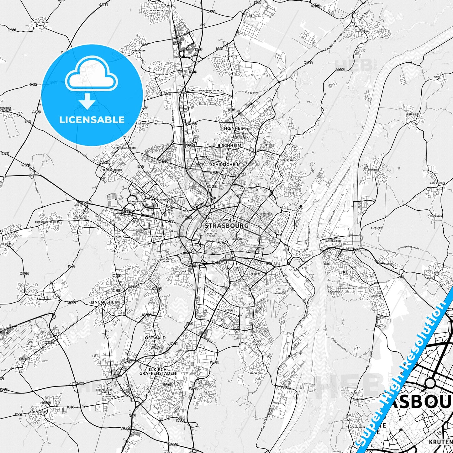 Strasbourg, France light map with streetnames, citynames and districts