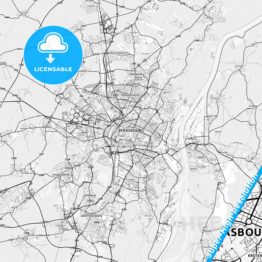 Strasbourg, France light map with streetnames, citynames and districts