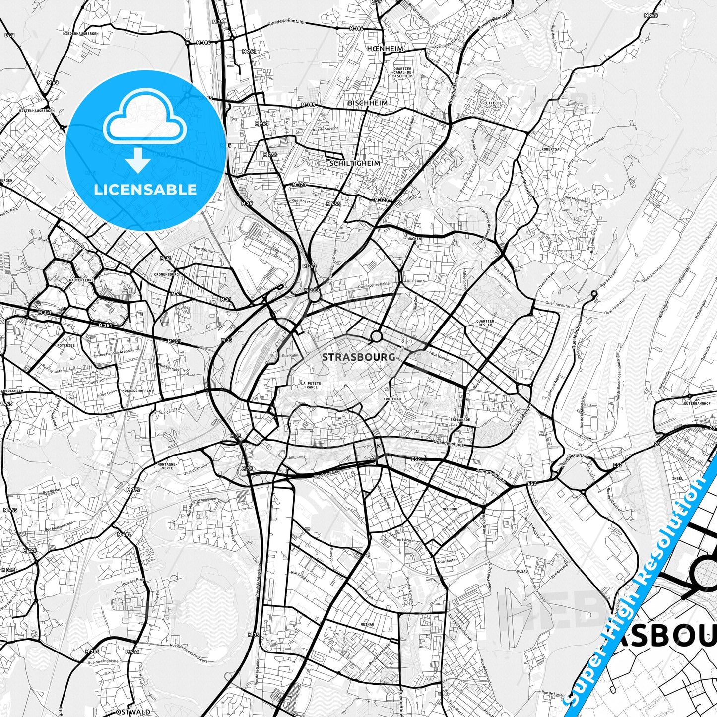 Strasbourg, France Light Map with Street Names, City Names, and Districts