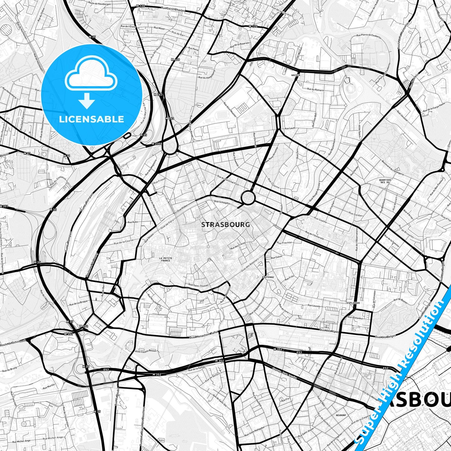 Strasbourg, France Light Map with Street Names, City Names, and Districts
