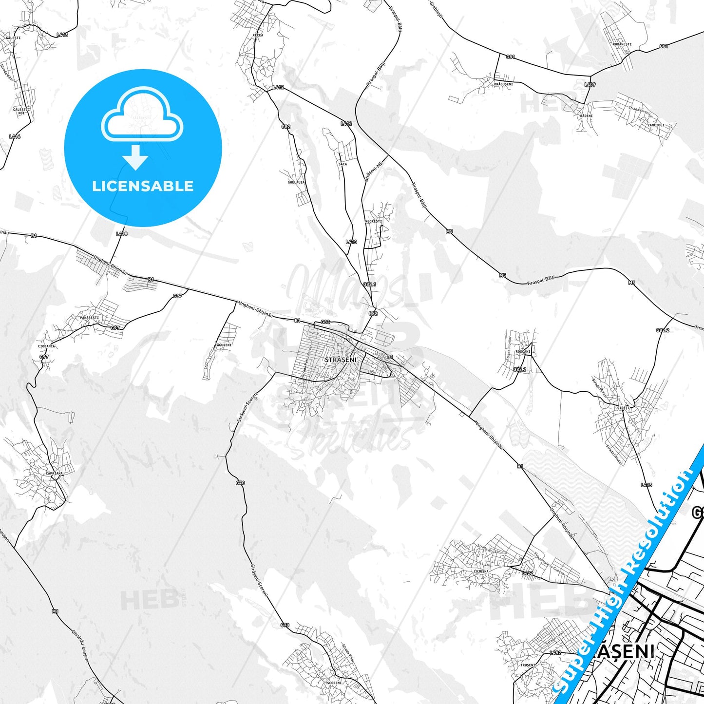 Strășeni, Moldova light map with streetnames, citynames and districts