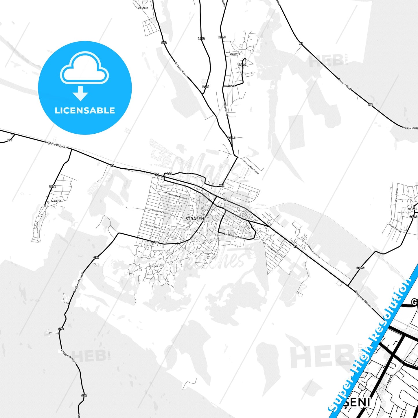 Strășeni, Moldova Light Map with Street Names, City Names, and Districts