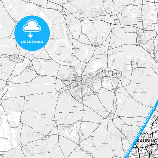 Straubing, Germany light map with streetnames, citynames and districts