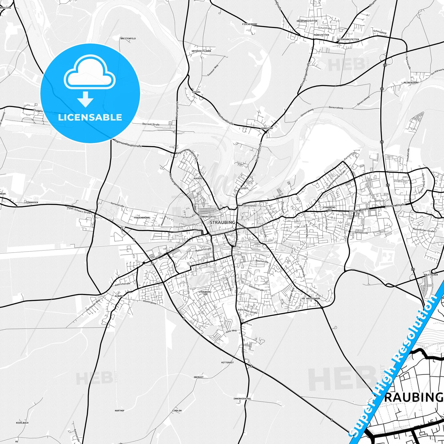 Straubing, Germany Light Map with Street Names, City Names, and Districts