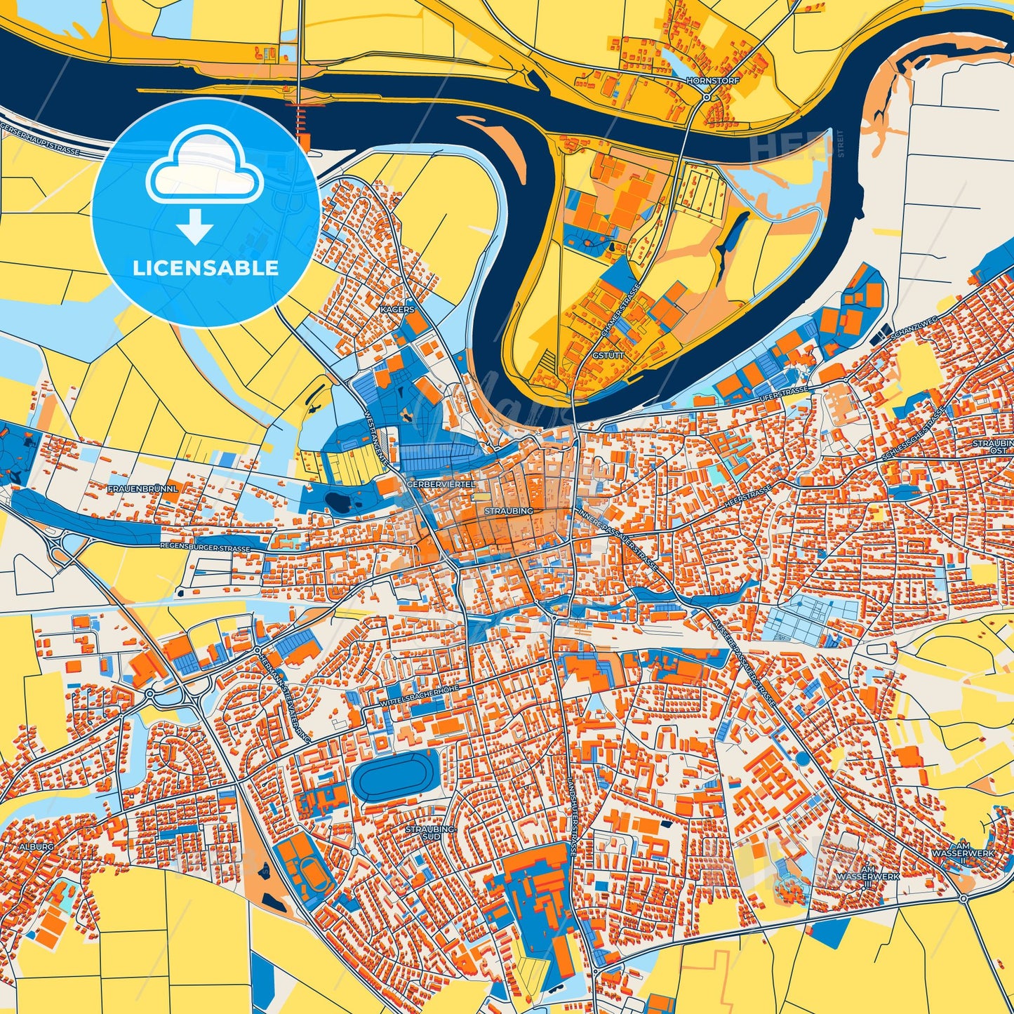 Colorful Straubing Street Map with Labels and Buildings