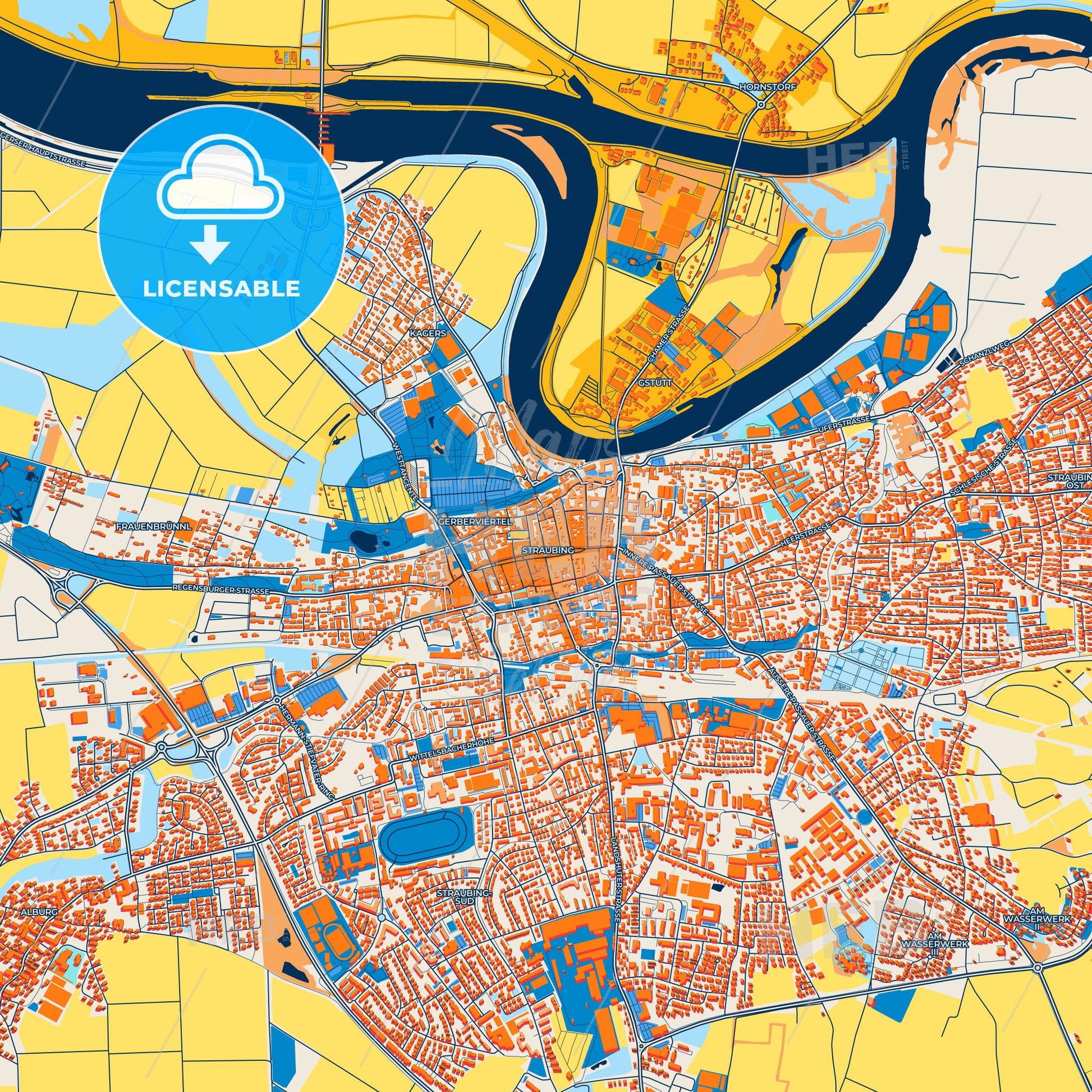 Colorful Straubing Street Map with Labels and Buildings