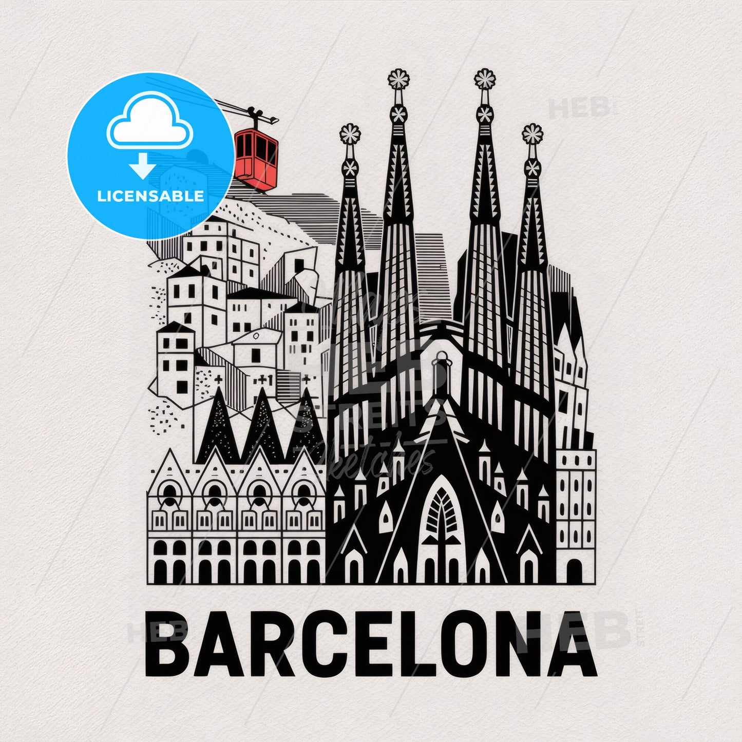 Striking Linocut Print of Barcelona's Architectural Heritage: Sagrada Familia & More