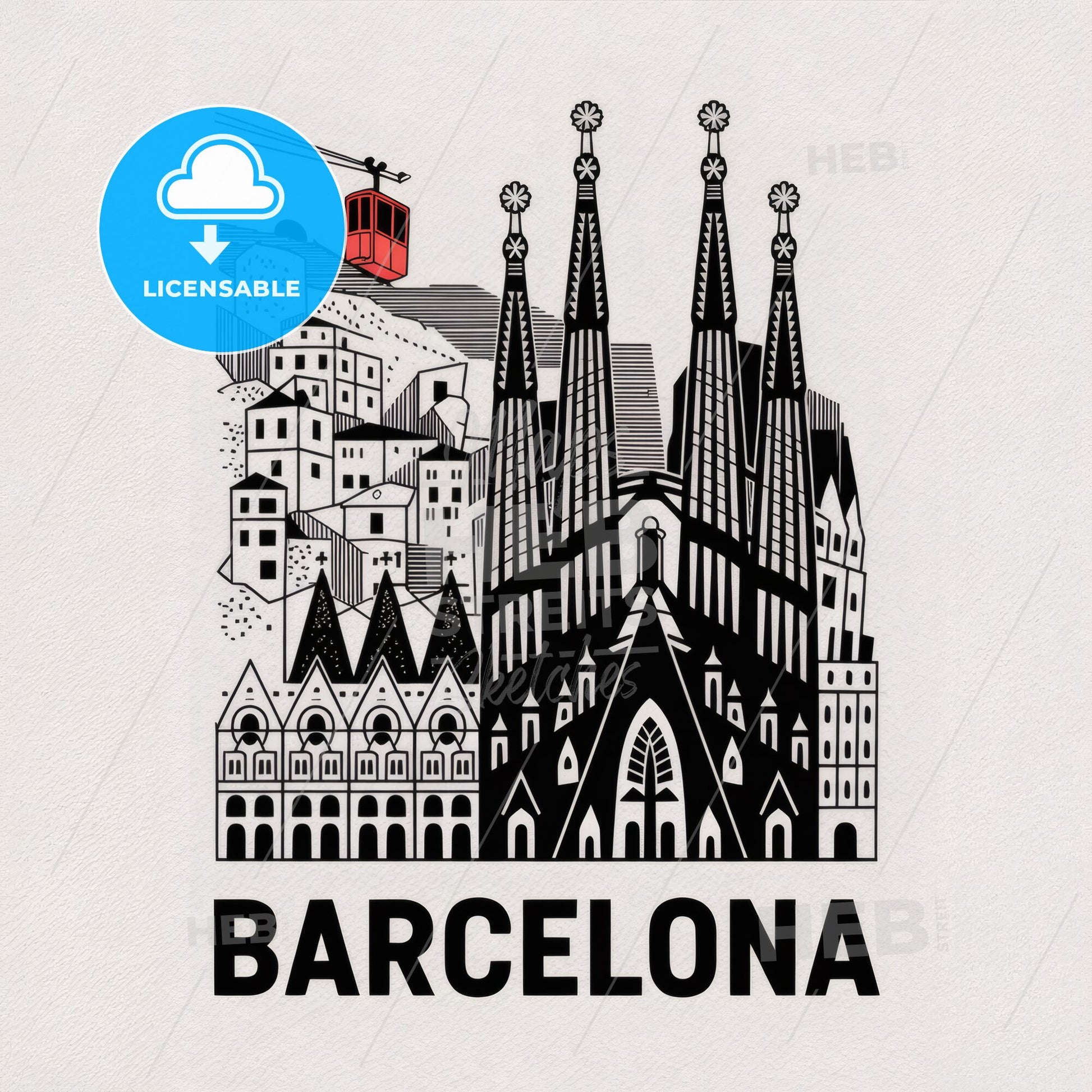 Striking Linocut Print of Barcelona's Architectural Heritage: Sagrada Familia & More